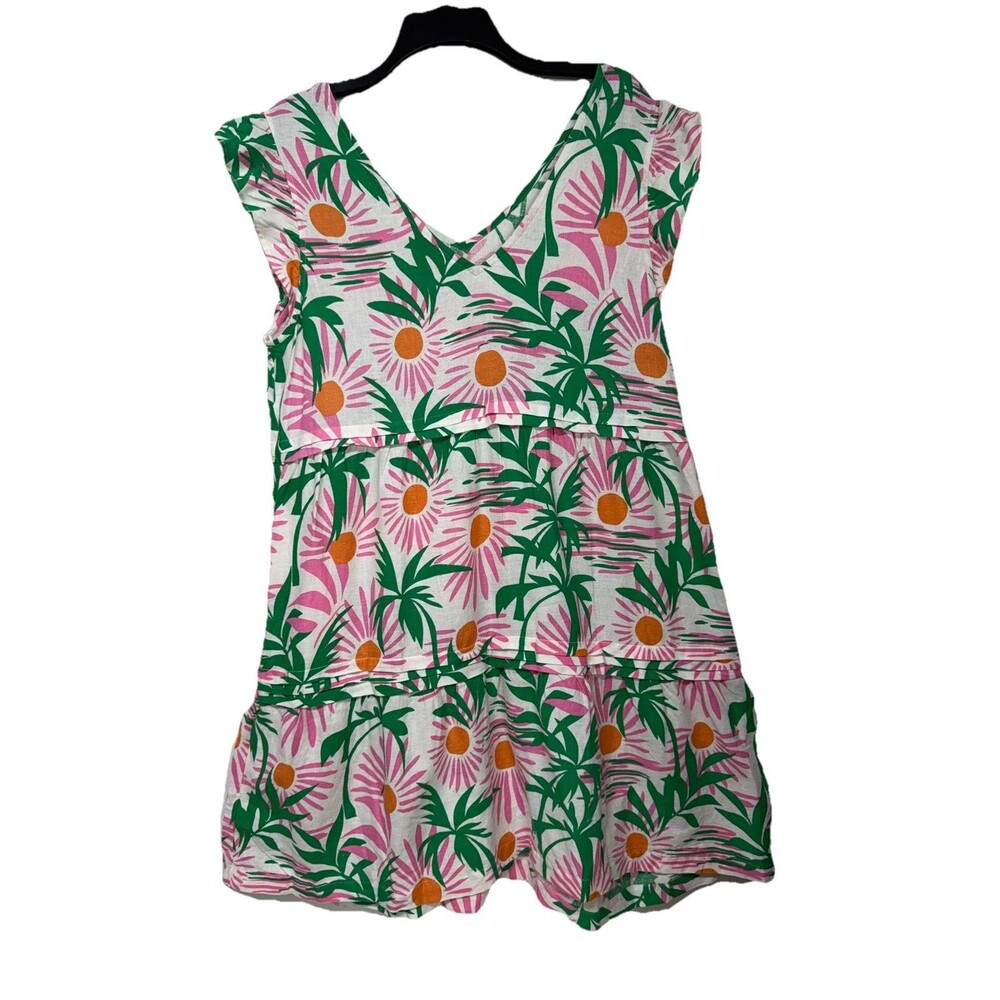 CC CALIFORNIA V- neck LINEN RAYON  floral Pink Green flutter sleeve dress Sz L